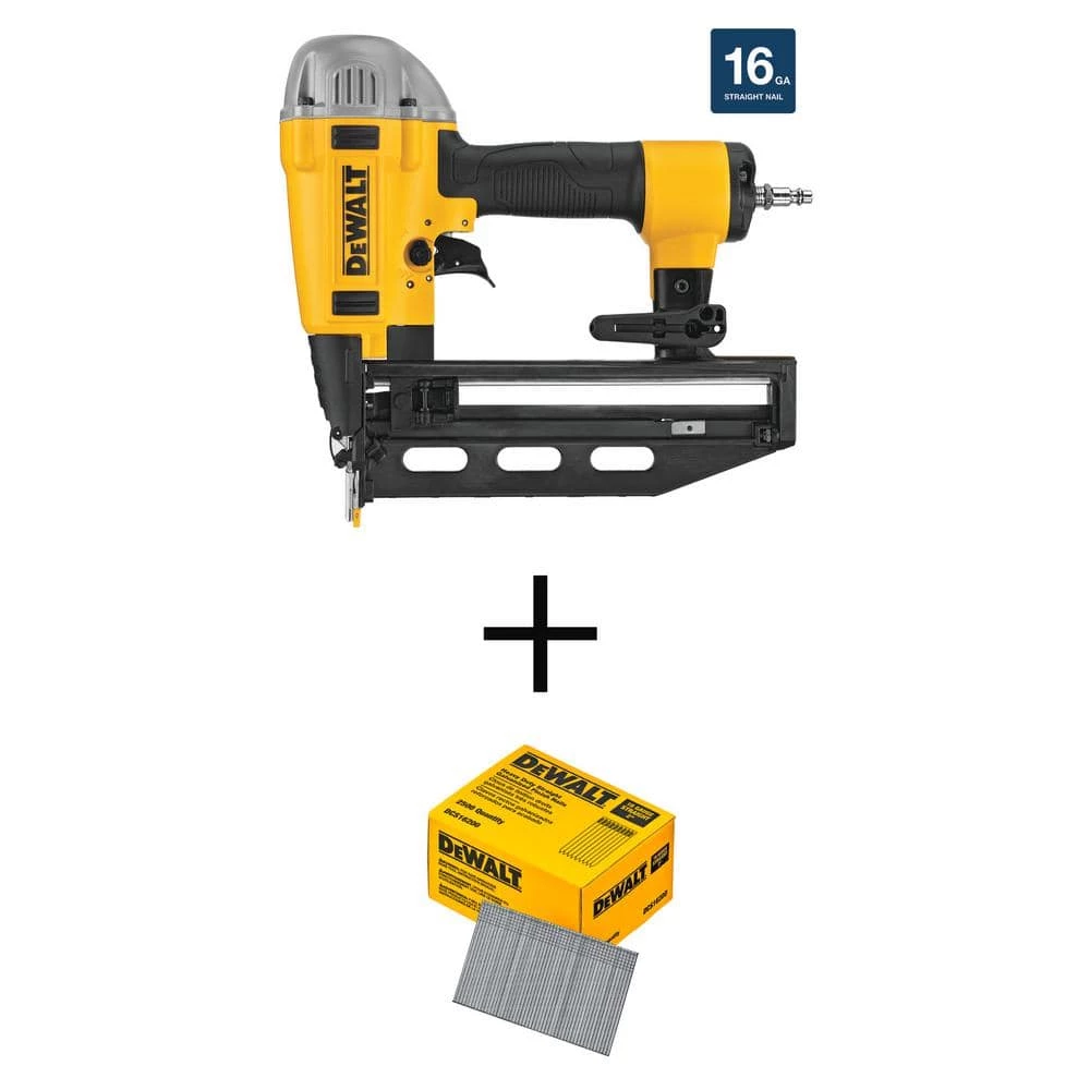 DEWALT Pneumatic 16-Gauge 2-1/2 in. Nailer and 2 in. x 16-Gauge Straight Finish Nails (2500 Per Box) 1 DEWALT Pneumatic 16-Gauge 2-1/2 in. Nailer and 2 in. x 16-Gauge Straight Finish Nails (2500 Per Box)