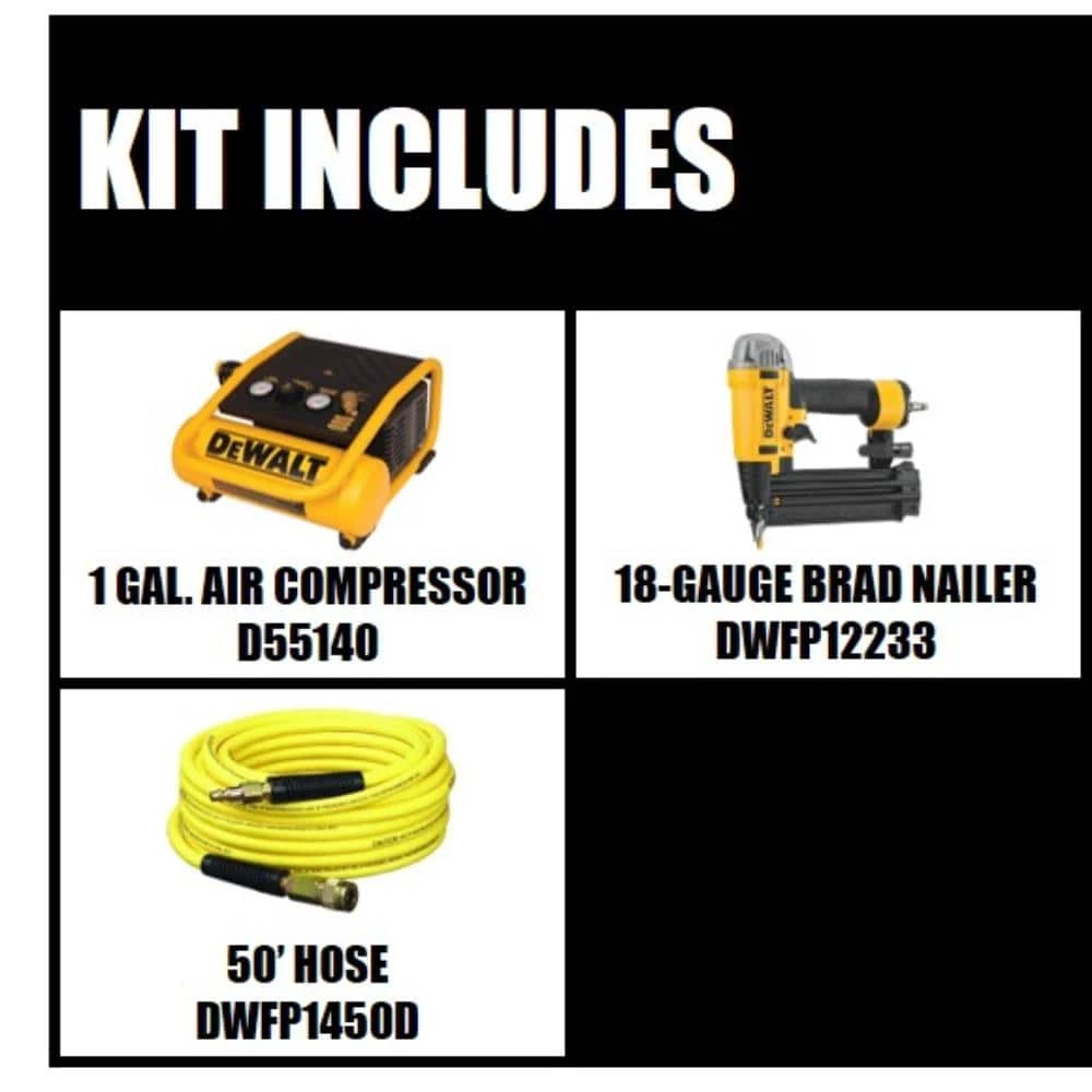 DEWALT 1 Gal. 135 PSI Portable Electric Trim Air Compressor, 18-Gauge Pneumatic Brad Nailer and 50 ft. x 1/4 in. Air Hose 2 DEWALT 1 Gal. 135 PSI Portable Electric Trim Air Compressor, 18-Gauge Pneumatic Brad Nailer and 50 ft. x 1/4 in. Air Hose - Image 2