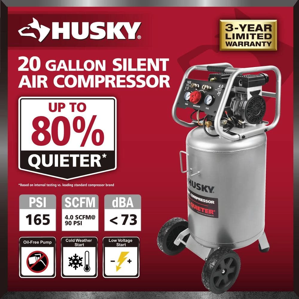 Husky 20 Gal. Vertical Electric-Powered Silent Air Compressor 2 Husky 20 Gal. Vertical Electric-Powered Silent Air Compressor - Image 2