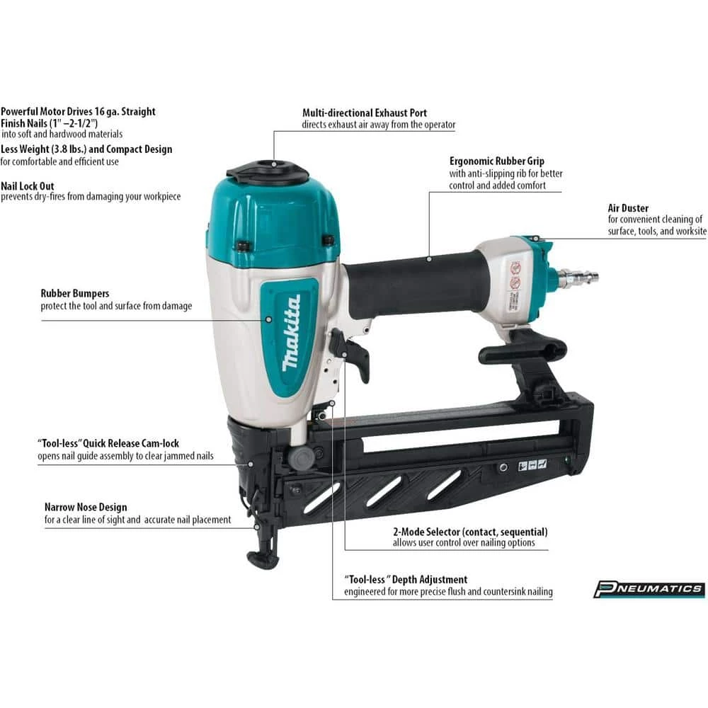 Makita Pneumatic 16-Gauge, 2-1/2 in. Straight Finish Nailer 2 Makita Pneumatic 16-Gauge, 2-1/2 in. Straight Finish Nailer - Image 2