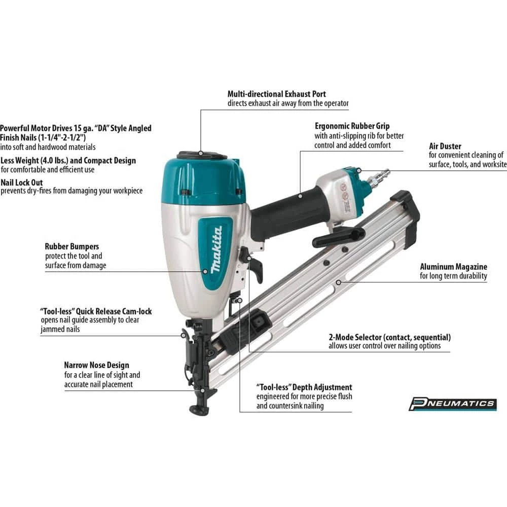Makita Pneumatic 15-Gauge, 2-1/2 in. Angled Finish Nailer 2 Makita Pneumatic 15-Gauge, 2-1/2 in. Angled Finish Nailer - Image 2