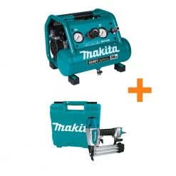 Makita 1 Gal. Quiet Series 0.5 HP Compact Oil-Free Electric Air Compressor with Bonus Pneumatic 2 in. 18-Gauge Brad Nailer