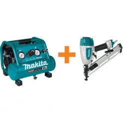 Makita Quiet Series 1 Gal. 1/2 HP Compact, Oil-Free, Electric Air Compressor w/ Bonus 15-Gauge, 2-1/2in. Angled Finish Nailer