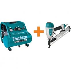 Makita Quiet Series 2 Gal. 1 HP Oil-Free Electric Air Compressor with bonus Pneumatic 15-Gauge, 2-1/2 in. Angled Finish Nailer