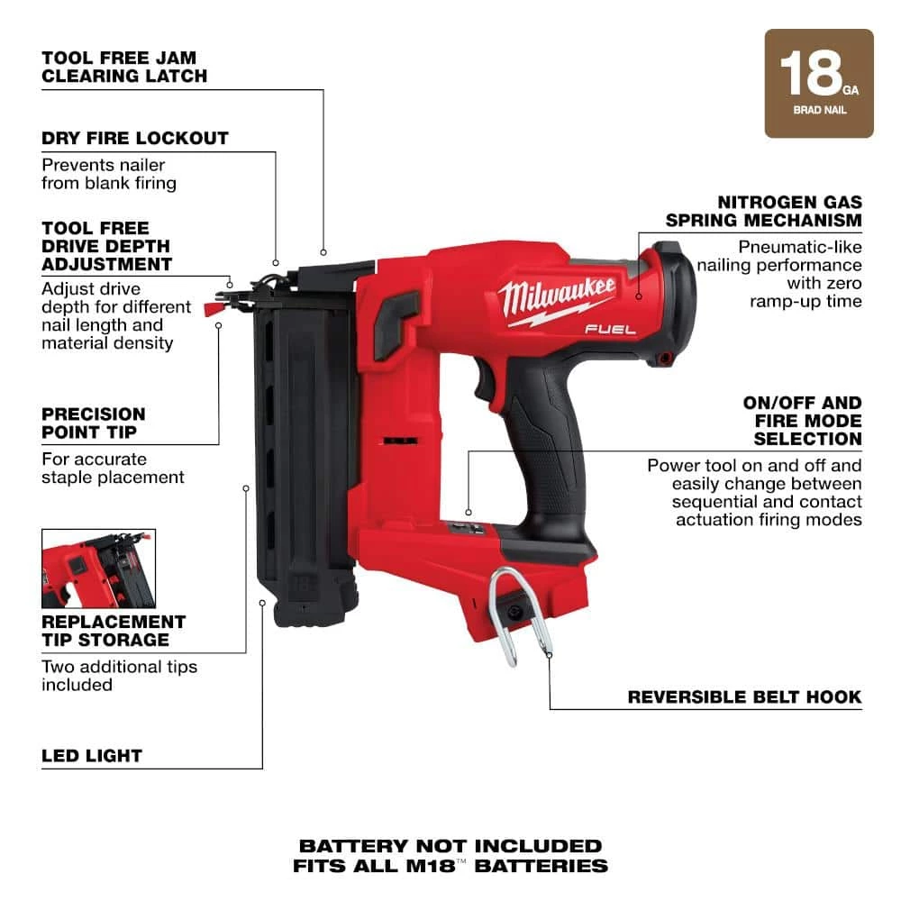 Milwaukee M18 FUEL 18-Volt Lithium-Ion Brushless Cordless Gen II 18-Gauge Brad Nailer (Tool-Only) 4 Milwaukee M18 FUEL 18-Volt Lithium-Ion Brushless Cordless Gen II 18-Gauge Brad Nailer (Tool-Only) - Image 4