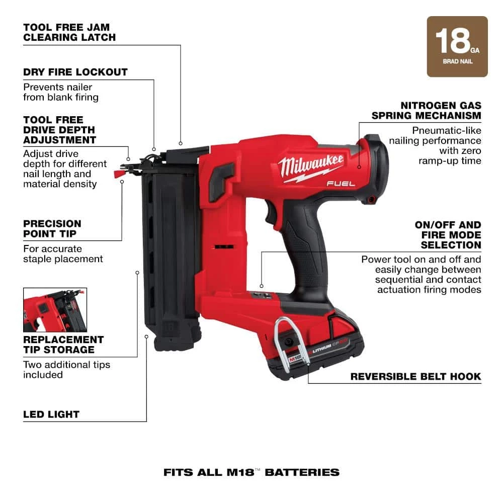 Milwaukee M18 FUEL 18-Volt 18-Gauge Lithium-Ion Brushless Cordless Gen II Brad Nailer Kit and Clear Performance Safety Glasses 4 Milwaukee M18 FUEL 18-Volt 18-Gauge Lithium-Ion Brushless Cordless Gen II Brad Nailer Kit and Clear Performance Safety Glasses - Image 4