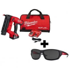 Milwaukee M18 FUEL 18-Volt 18-Gauge Lithium-Ion Brushless Cordless Gen II Brad Nailer Kit and Tinted Performance Safety Glasses