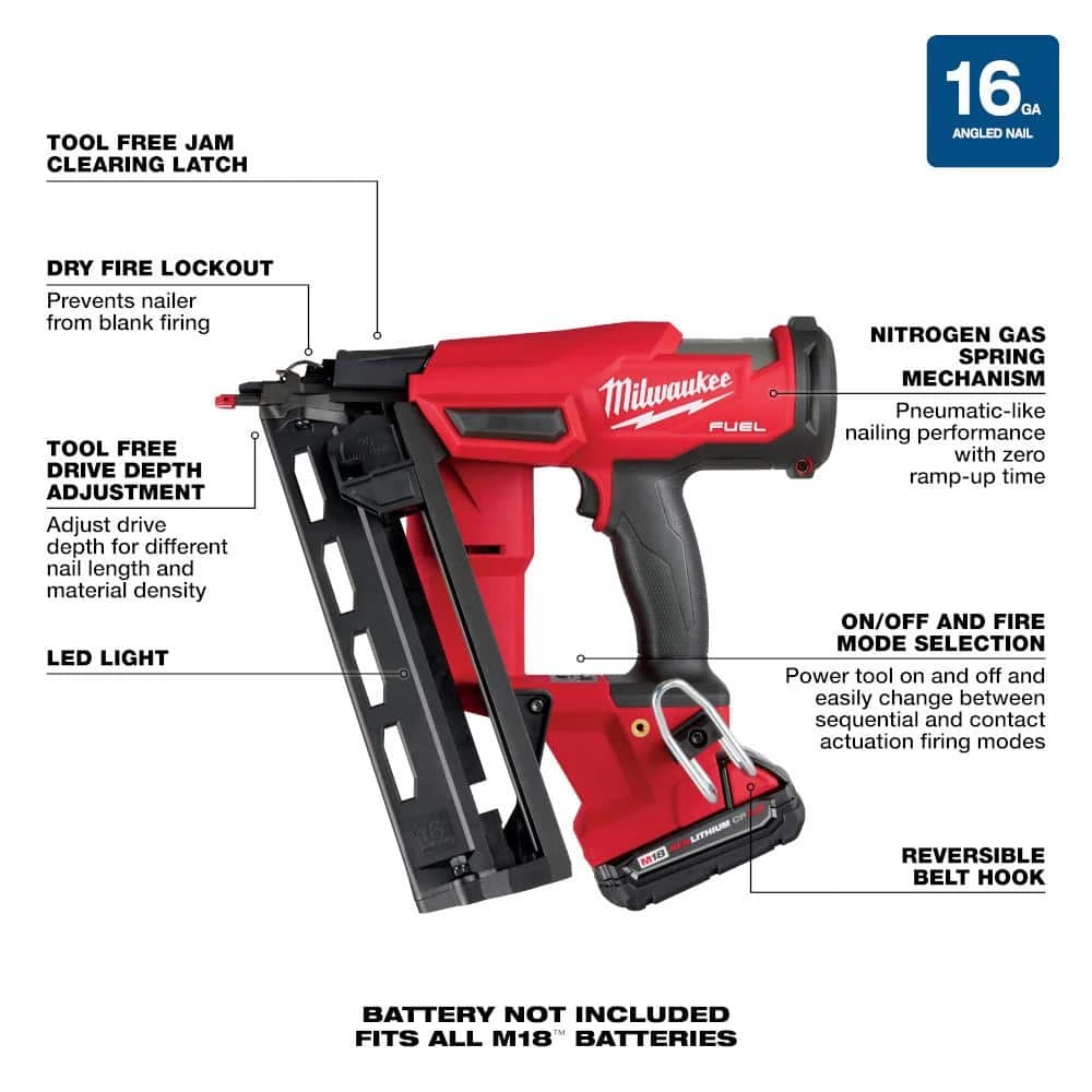 Milwaukee M18 FUEL 18-Volt Lithium-Ion Brushless Cordless Gen II 16-Gauge Angled Finish Nailer Kit with 2.0Ah Battery and Charger 4 Milwaukee M18 FUEL 18-Volt Lithium-Ion Brushless Cordless Gen II 16-Gauge Angled Finish Nailer Kit with 2.0Ah Battery and Charger - Image 4