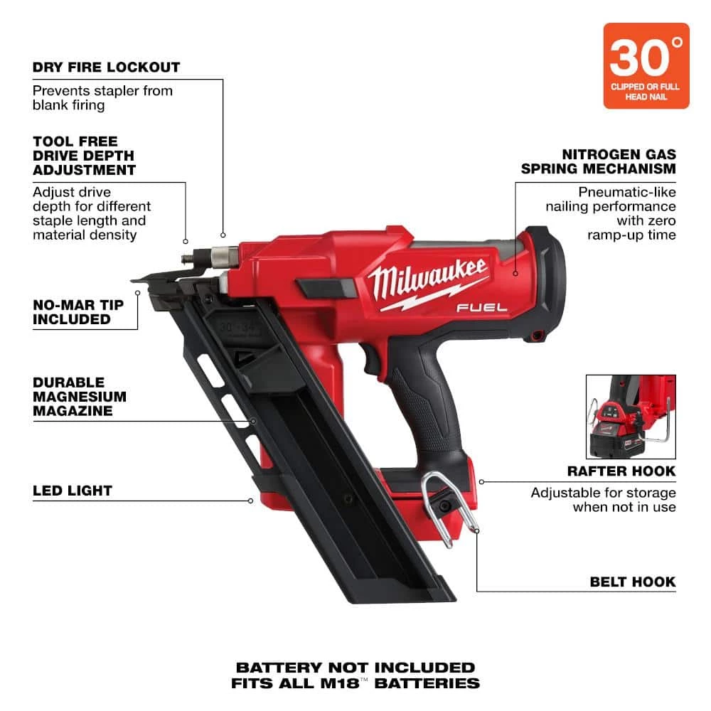 Milwaukee M18 FUEL 3-1/2 in. 18-Volt 30-Degree Lithium-Ion Brushless Cordless Framing Nailer (Tool-Only) 5 Milwaukee M18 FUEL 3-1/2 in. 18-Volt 30-Degree Lithium-Ion Brushless Cordless Framing Nailer (Tool-Only) - Image 5