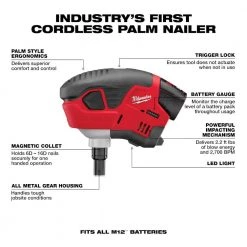 Milwaukee M12 12-Volt Lithium-Ion Cordless Palm Nailer Kit with One 1.5Ah Battery, Charger and Tool Bag -Air Compressors Shop milwaukee palm nailers 2458 21 40 1000