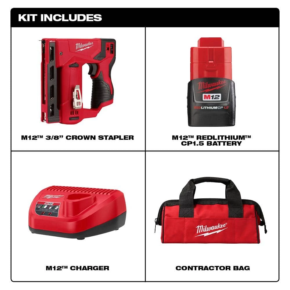 Milwaukee M12 12V Lithium-Ion Cordless 3/8 in. Crown Stapler Kit W/ (1) 1.5Ah Battery, Charger & Bag 3 Milwaukee M12 12V Lithium-Ion Cordless 3/8 in. Crown Stapler Kit W/ (1) 1.5Ah Battery, Charger & Bag - Image 3