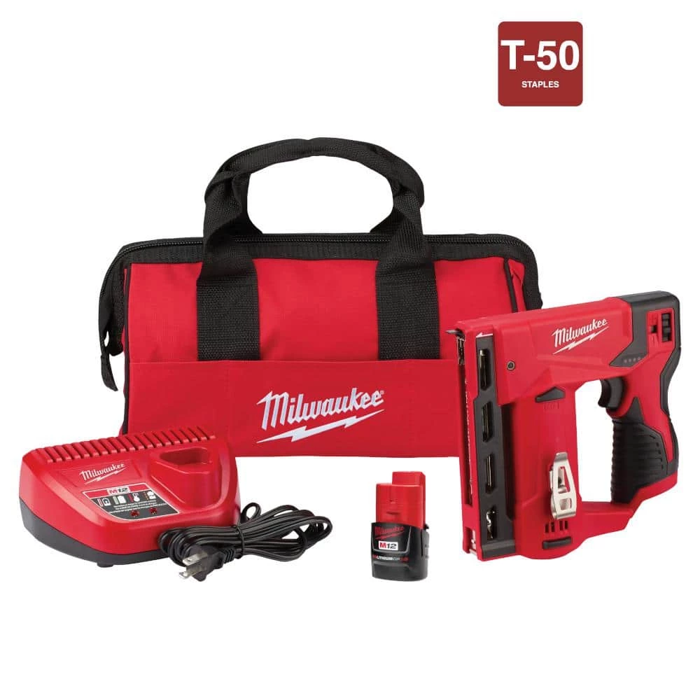 Milwaukee M12 12V Lithium-Ion Cordless 3/8 in. Crown Stapler Kit W/ (1) 1.5Ah Battery, Charger & Bag 1 Milwaukee M12 12V Lithium-Ion Cordless 3/8 in. Crown Stapler Kit W/ (1) 1.5Ah Battery, Charger & Bag