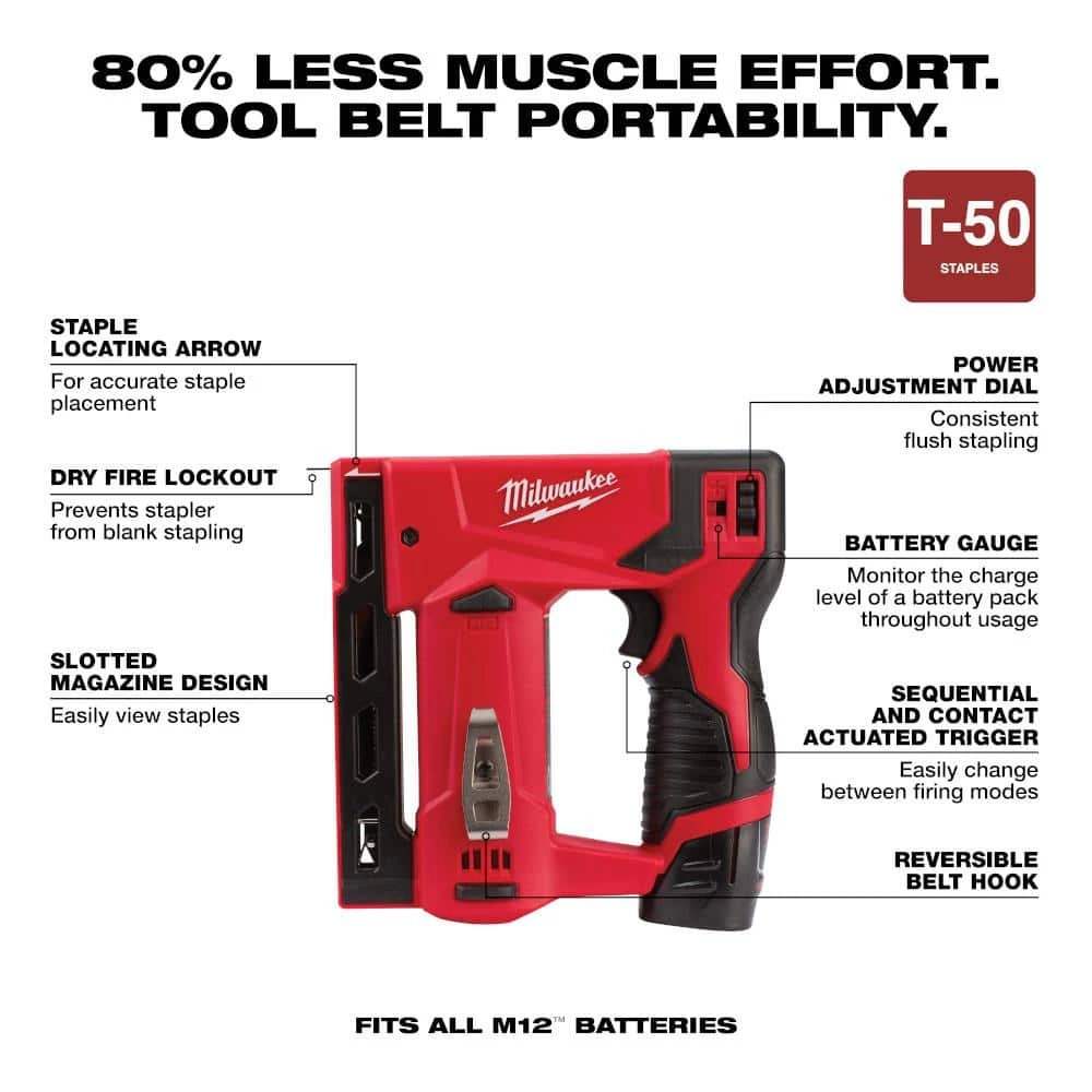Milwaukee M12 12V Lithium-Ion Cordless 3/8 in. Crown Stapler Kit W/ (1) 1.5Ah Battery, Charger & Bag 4 Milwaukee M12 12V Lithium-Ion Cordless 3/8 in. Crown Stapler Kit W/ (1) 1.5Ah Battery, Charger & Bag - Image 4
