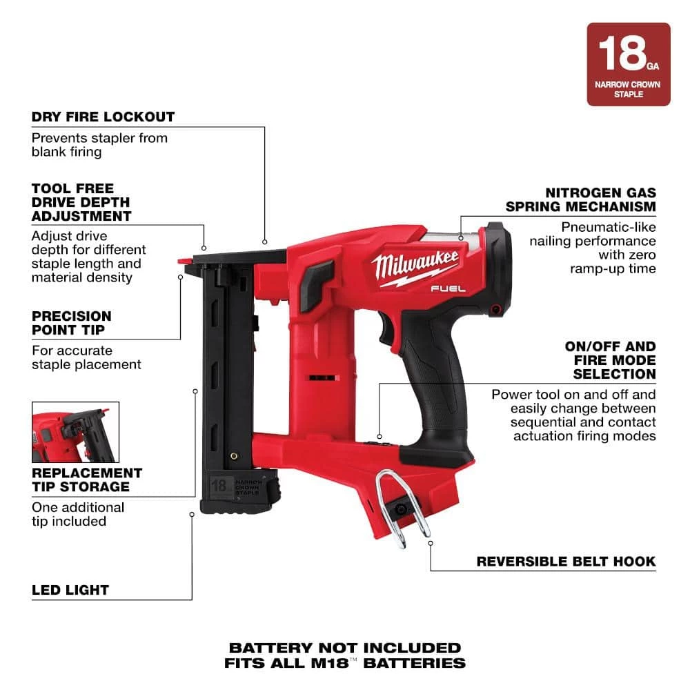 Milwaukee M18 FUEL 1/4 in. 18-Volt 18-Gauge Lithium-Ion Brushless Narrow Crown Stapler and Clear Performance Safety Glasses 3 Milwaukee M18 FUEL 1/4 in. 18-Volt 18-Gauge Lithium-Ion Brushless Narrow Crown Stapler and Clear Performance Safety Glasses - Image 3