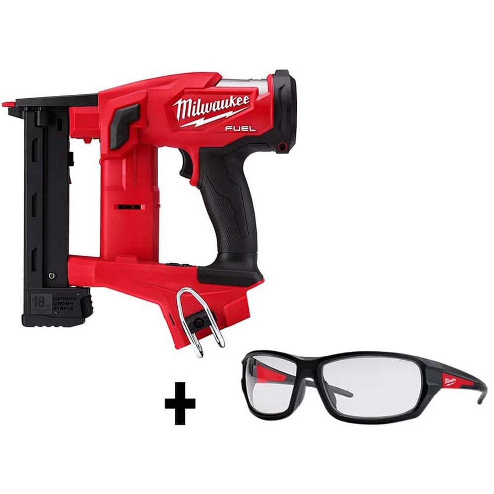 Milwaukee M18 FUEL 1/4 in. 18-Volt 18-Gauge Lithium-Ion Brushless Narrow Crown Stapler and Clear Performance Safety Glasses 1 Milwaukee M18 FUEL 1/4 in. 18-Volt 18-Gauge Lithium-Ion Brushless Narrow Crown Stapler and Clear Performance Safety Glasses