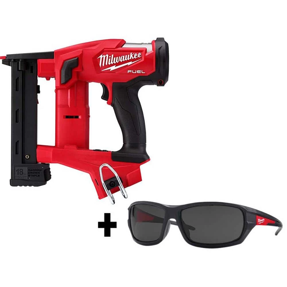 Milwaukee M18 FUEL 1/4 in. 18-Volt 18-Gauge Lithium-Ion Brushless Narrow Crown Stapler and Tinted Performance Safety Glasses 1 Milwaukee M18 FUEL 1/4 in. 18-Volt 18-Gauge Lithium-Ion Brushless Narrow Crown Stapler and Tinted Performance Safety Glasses