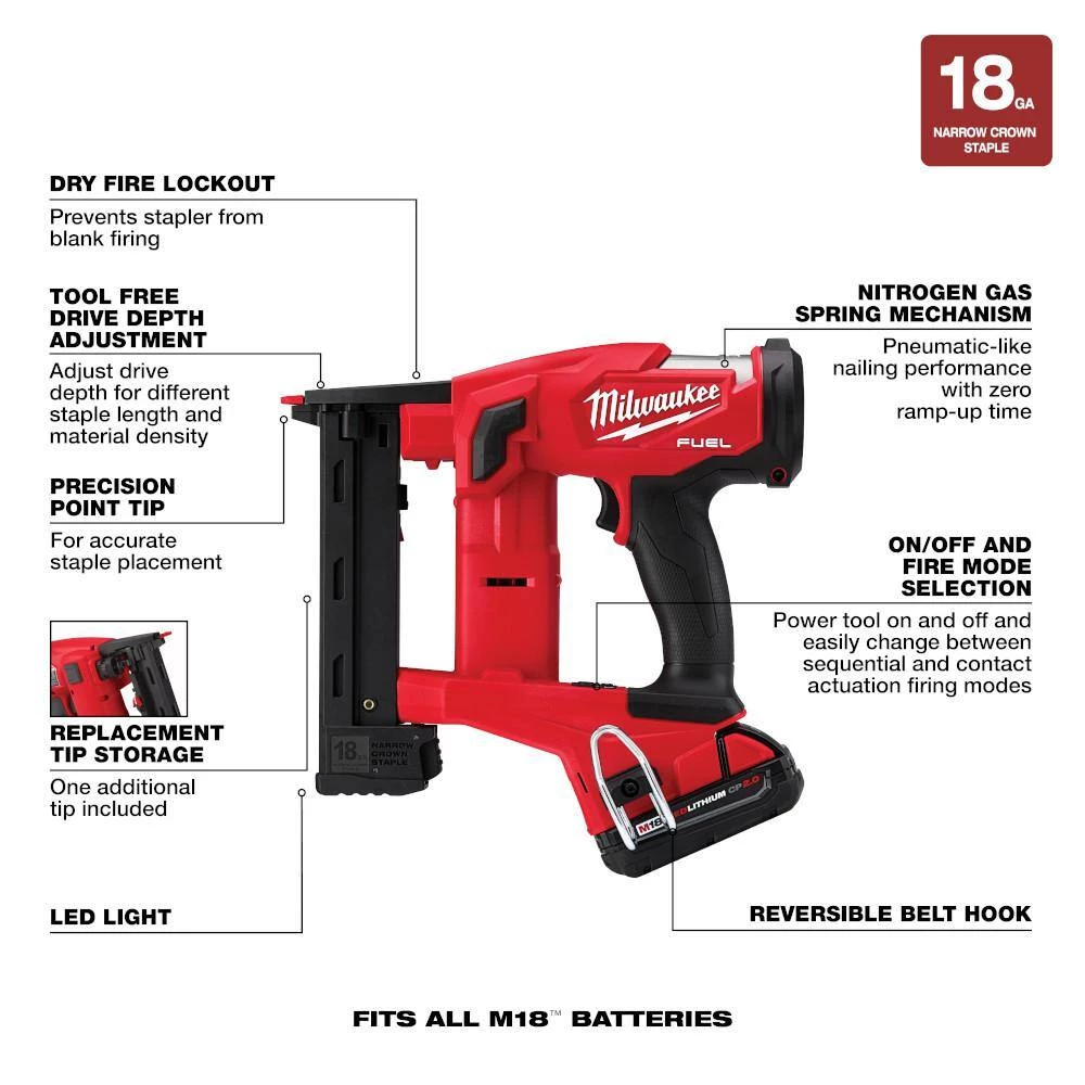 Milwaukee M18 FUEL 1/4 in. 18-Volt 18-Gauge Lithium-Ion Brushless Narrow Crown Stapler Kit and Tinted Performance Safety Glasses 4 Milwaukee M18 FUEL 1/4 in. 18-Volt 18-Gauge Lithium-Ion Brushless Narrow Crown Stapler Kit and Tinted Performance Safety Glasses - Image 4