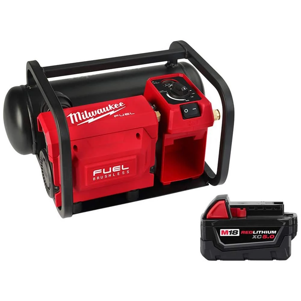 Milwaukee M18 FUEL 18-Volt Lithium-Ion Brushless Cordless 2 Gal. Electric Compact Quiet Compressor W/ 5.0 Ah Battery 1 Milwaukee M18 FUEL 18-Volt Lithium-Ion Brushless Cordless 2 Gal. Electric Compact Quiet Compressor W/ 5.0 Ah Battery