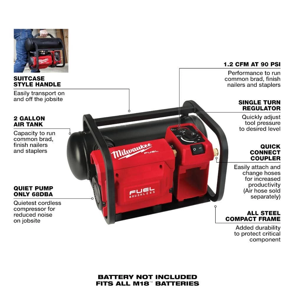 Milwaukee M18 FUEL 18-Volt Lithium-Ion Brushless Cordless 2 Gal. Electric Compact Quiet Compressor (Tool-Only) 2 Milwaukee M18 FUEL 18-Volt Lithium-Ion Brushless Cordless 2 Gal. Electric Compact Quiet Compressor (Tool-Only) - Image 2
