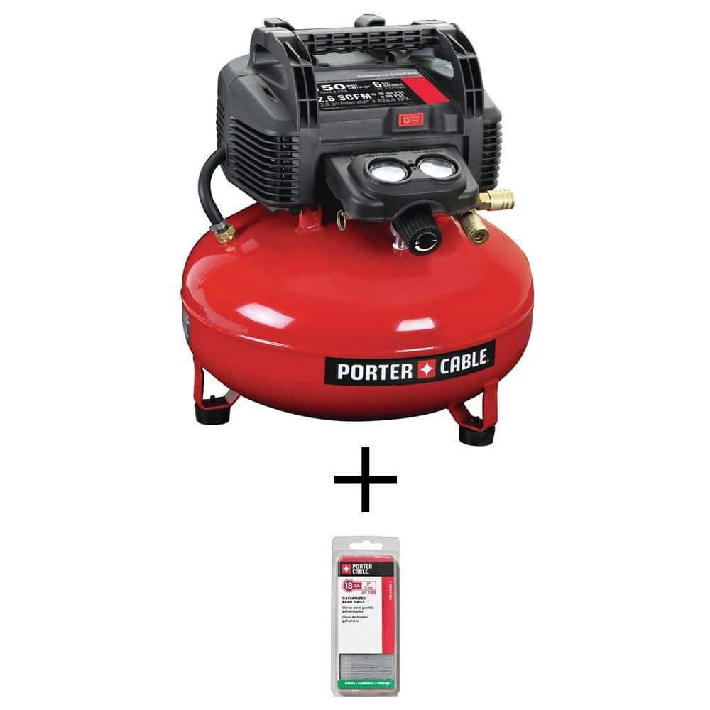Porter-Cable 6 Gal. 150 PSI Portable Electric Pancake Air Compressor and 2 in. x 18-Gauge Brad Nail (1000 Per Box) 1 Porter-Cable 6 Gal. 150 PSI Portable Electric Pancake Air Compressor and 2 in. x 18-Gauge Brad Nail (1000 Per Box)