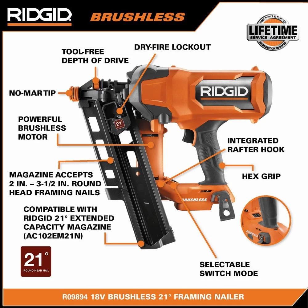RIDGID 18V Lithium-Ion Brushless Cordless 21° 3-1/2 in. Framing Nailer with 18V Lithium-Ion 4.0 Ah Battery 2 RIDGID 18V Lithium-Ion Brushless Cordless 21° 3-1/2 in. Framing Nailer with 18V Lithium-Ion 4.0 Ah Battery - Image 2