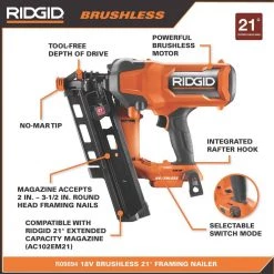 RIDGID 18V Brushless Cordless 21° 3-1/2 in. Framing Nailer Kit with 4.0 Ah MAX Output Lithium-Ion Battery and Charger -Air Compressors Shop ridgid framing nailers r09894b ac9540 40 1000