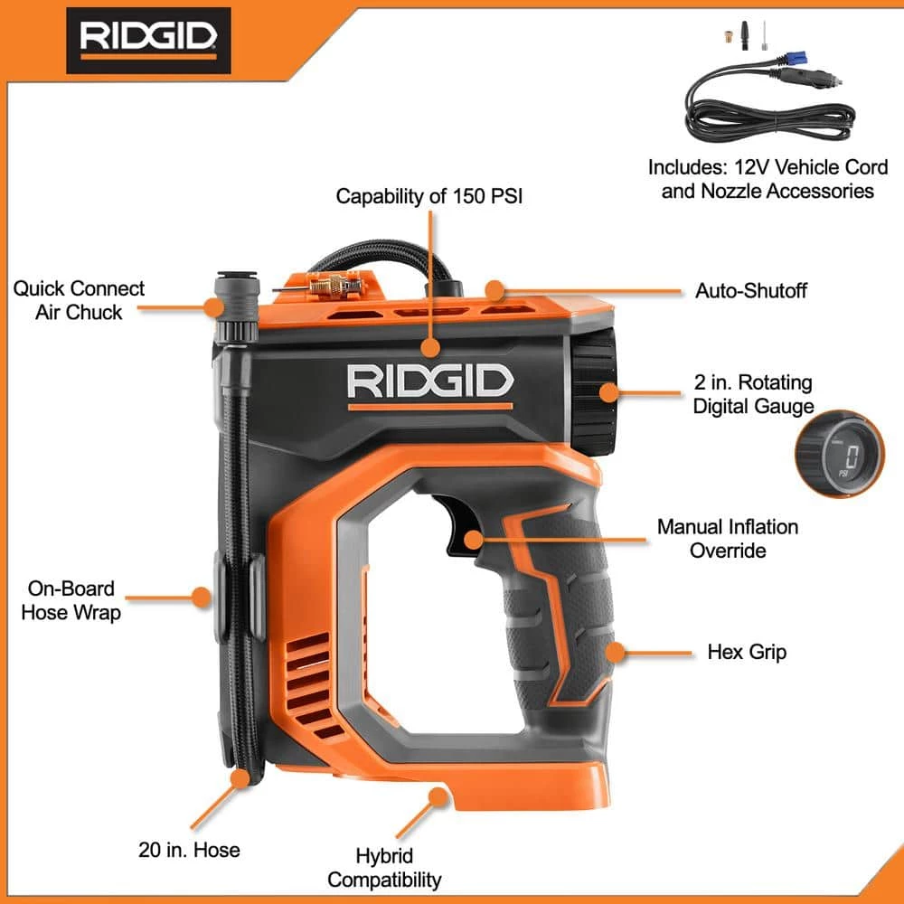 RIDGID 18V Cordless High Pressure Inflator Kit with 2.0 Ah Battery, Charger, and USB Portable Power Source with Activate Button 2 RIDGID 18V Cordless High Pressure Inflator Kit with 2.0 Ah Battery, Charger, and USB Portable Power Source with Activate Button - Image 2
