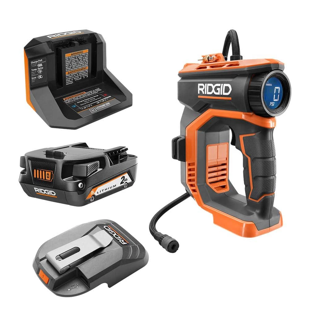 RIDGID 18V Cordless High Pressure Inflator Kit with 2.0 Ah Battery, Charger, and USB Portable Power Source with Activate Button 1 RIDGID 18V Cordless High Pressure Inflator Kit with 2.0 Ah Battery, Charger, and USB Portable Power Source with Activate Button
