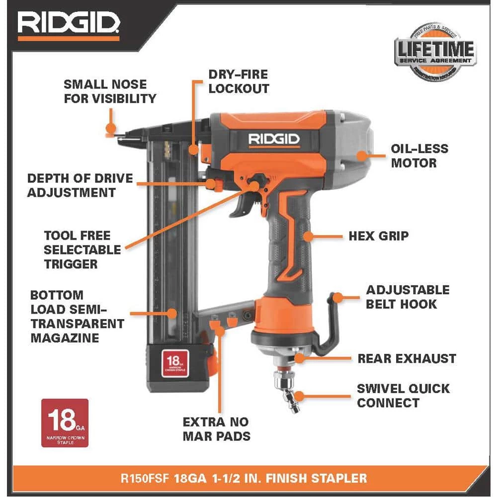 RIDGID Pneumatic 18-Gauge 1-1/2 in. Finish Stapler, Contractor's Bag and (200) Staples 3 RIDGID Pneumatic 18-Gauge 1-1/2 in. Finish Stapler, Contractor's Bag and (200) Staples - Image 3