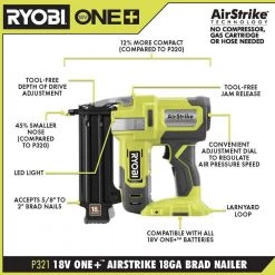 RYOBI ONE+ 18V 18-Gauge Cordless AirStrike Brad Nailer with Compact Fixed Base Router (Tools Only) -Air Compressors Shop ryobi brad nailers p321 pcl424b 40 1000