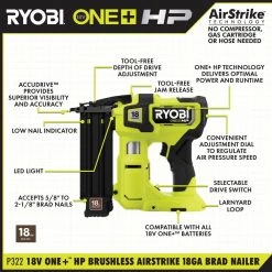 RYOBI ONE+ HP 18V 18-Gauge Brushless Cordless AirStrike Brad Nailer with ONE+ HP Brushless 7-1/4 in. Circular Saw (Tools Only) -Air Compressors Shop ryobi brad nailers p322 pblcs300b 40 1000