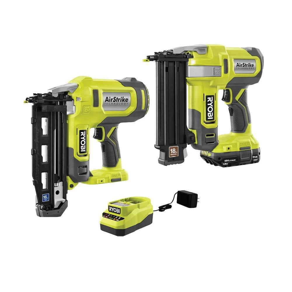 RYOBI ONE+ 18V Cordless 18-Gauge AirStrike Brad Nailer Kit with 16-Gauge AirStrike Finish Nailer, 1.5 Ah Battery, and Charger 1 RYOBI ONE+ 18V Cordless 18-Gauge AirStrike Brad Nailer Kit with 16-Gauge AirStrike Finish Nailer, 1.5 Ah Battery, and Charger