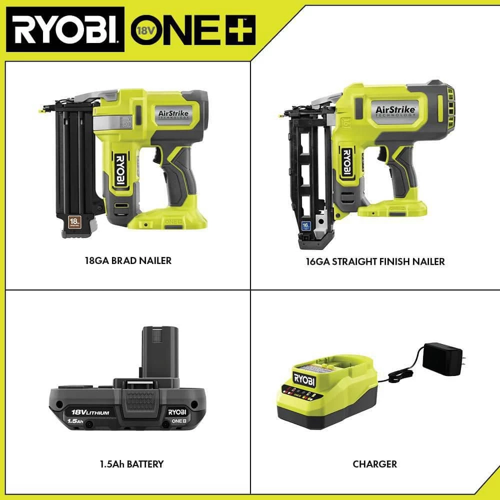 RYOBI ONE+ 18V Cordless 18-Gauge AirStrike Brad Nailer Kit with 16-Gauge AirStrike Finish Nailer, 1.5 Ah Battery, and Charger 2 RYOBI ONE+ 18V Cordless 18-Gauge AirStrike Brad Nailer Kit with 16-Gauge AirStrike Finish Nailer, 1.5 Ah Battery, and Charger - Image 2