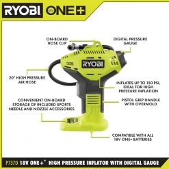 RYOBI ONE+ 18V Cordless High Pressure Inflator with Digital Gauge (Tool Only) -Air Compressors Shop ryobi inflators p737d 40 1000