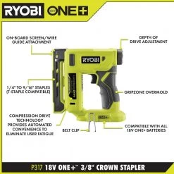 RYOBI ONE+ 18V Cordless Compression Drive 3/8 in. Crown Stapler with (2) 2.0 Ah Batteries and Charger -Air Compressors Shop ryobi pneumatic staplers p317 pcl202kn 40 1000