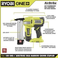 RYOBI ONE+ 18V 18-Gauge Cordless AirStrike Narrow Crown Stapler (Tool Only) -Air Compressors Shop ryobi pneumatic staplers p361 40 1000